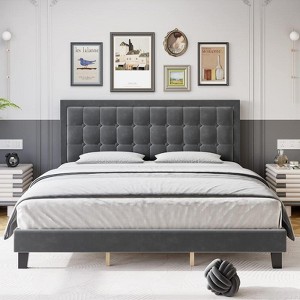 Velvet Upholstered Bed Frame with Adjustable Headboard, Wood Slat Support, No Box Spring Needed, Easy Assembly - 1 of 4