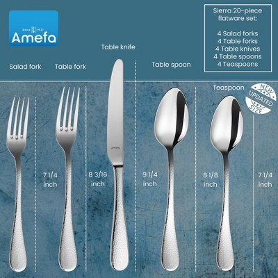 Amefa Sierra 20-Piece Hammered 18/10 Stainless Steel Flatware Set, High Gloss Mirror Finish, Silverware Set Service for 4, Rust Resistant Cutlery