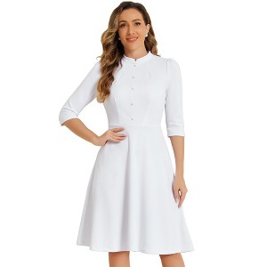 INSPIRE CHIC Women's Vintage 3/4 Sleeves Stand Collar Office Work Elegant A-Line Dress - 1 of 4