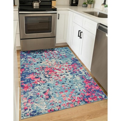 Jardin Collection Blue and Pink Abstract Modern Area Rug, 8 x 11 ft