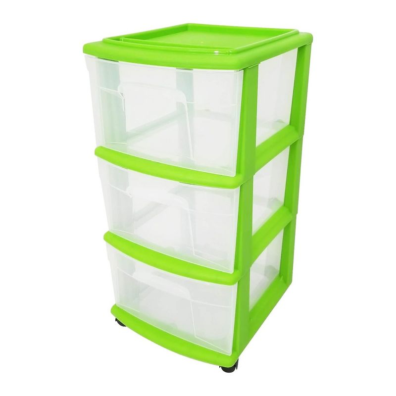 Homz Clear Plastic 3 Drawer Medium Home Organization Storage Container Tower with 3 Large Drawers and Removeable Caster Wheels, Lime Green Frame, 1 of 8