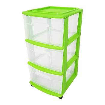 Homz Clear Plastic 3 Drawer Medium Home Organization Storage Container Tower with 3 Large Drawers and Removeable Caster Wheels, Lime Green Frame