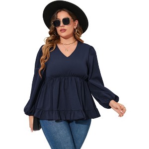 Coolmee Women's Plus Size Blouse Summer Casual V Neck Long Lantern Sleeve Tops Fold Pleated Ruffle Hem Blouse Solid Peplum Top 2XL Navy blue - 1 of 4