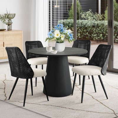 5-Piece Modern Round Dining Table Set, 35" Pedestal Table with 4 Upholstered Rattan Back Dining Chairs, Space Saving Design-Maison Boucle
