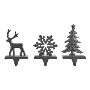 Danya B. Dark Brown Cast Iron Holiday Sculpture Figure Christmas Decorative Utility Mantel Stocking Hook Set of 3 - Snowflake, Reindeer, Tree - 1 of 4
