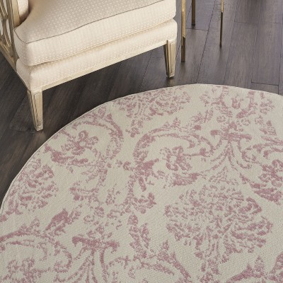 Jubilant Ivory and Pink Round Synthetic Area Rug, 5'3"
