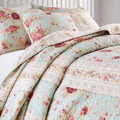 Blue Twin Cotton Reversible Floral Quilt Set