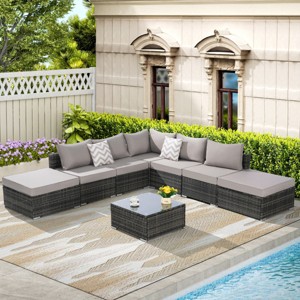 Outdoor Sofa Set, 8 Pcs Patio Sectional Sofa Couch, Wicker Sofa Sets with Washable Cushions, Sofa with Glass Coffee Table-Coolbibila - 1 of 4