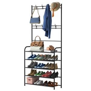 NewHome"5-Tier Entryway Coat Rack & Shoe Storage Shelf - Freestanding Hall Tree with Garment Hanger"Black - 1 of 4