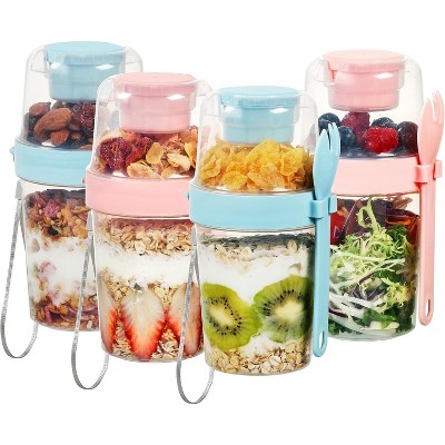4 Pack 27oz Yogurt Parfait Cups with Lids and Spoons, Overnight Oats Containers, Reusable Topping Compartment for Breakfast with Yogurt, Cereal
