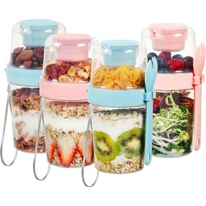 4 Pack 27oz Yogurt Parfait Cups with Lids and Spoons, Overnight Oats Containers, Reusable Topping Compartment for Breakfast with Yogurt, Cereal - 1 of 4