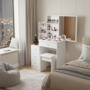 FONTOI 29.2"W/37"W/41"W Makeup Vanity Table Desk with Mirror Left Bedside Cabinet Stool Dresser Set for Woman Bedroom Dressing Room, Black/White - 1 of 4