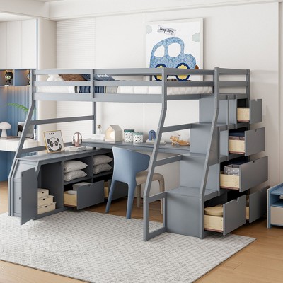 NicBex Full Size Loft Bed with Desk Pine Bed Frame with 2 Shelves, 7 Drawers, Stairs and Full Length Guardrail, No Box Spring Required