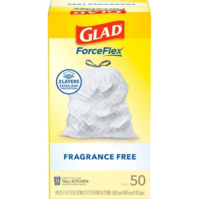 Glad ForceFlex Drawstring Fragrance Free Trash Bags - 13gal/50ct: Gray, Tall Kitchen, Extra Strong