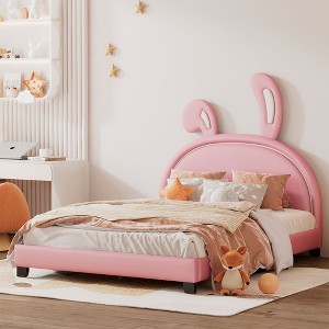CAVINAS Twin/Full Size Upholstered Leather Platform Bed with Rabbit Headboard,Wooden Bed Frame for Kids Room,Bedroom - 1 of 4