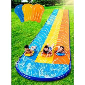 Syncfun 18ft Triple Water Slide and 3 Body Boards, Backyard Lawn Water Slides with Outdoor Slip Sprinkler for Kids Summer Water Fun
