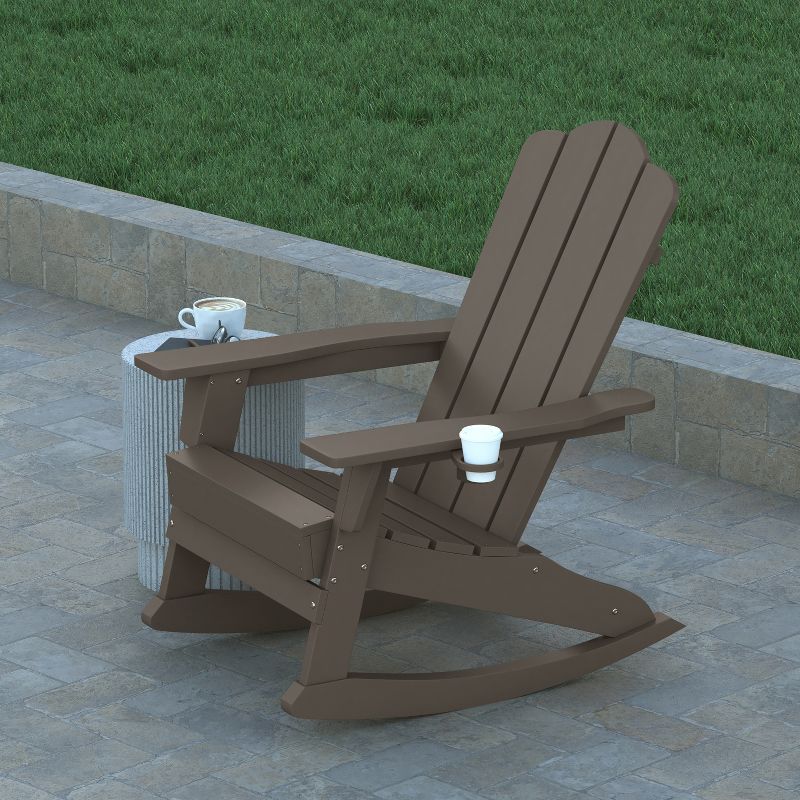 Emma and Oliver Adirondack Rocking Chair with Cup Holder, Weather Resistant HDPE Adirondack Rocking Chair in Brown, 3 of 11