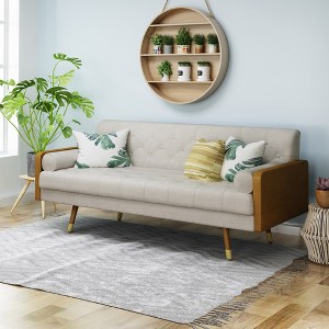 Adelaide Mid-Century Modern Tufted Sofa with Rolled Accent Pillows, Gold-Tipped Rubberwood Legs & Diamond Stitching - 1 of 4