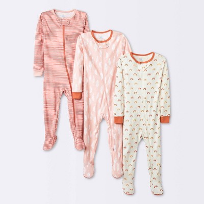 Baby Girls' 3pk Earth and Sky Tight Fit Sleep N' Play - Cloud Island™ Coral Orange 12M