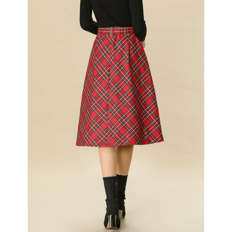 Allegra K Women's Tartan Plaid High Waist Belted Vintage A-Line Midi Skirt, 6 of 8