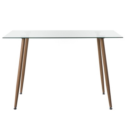 Mid-Century Modern Rectangular Glass Top Dining Table with Wood Legs
