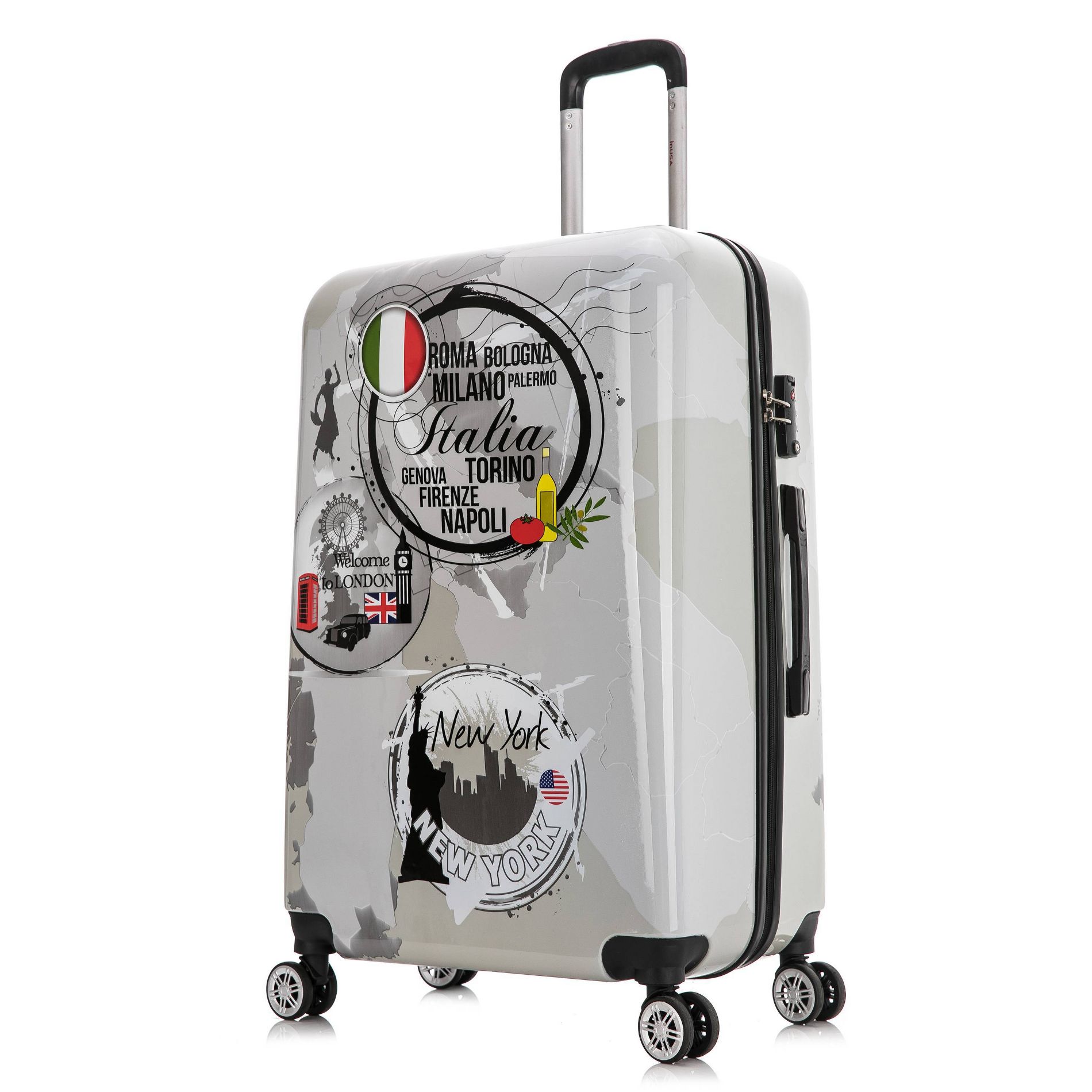 InUSA Large Checked 28" World Print Lightweight Hardside Spinner Suitcase - Gray