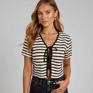 Knit & Lounge Women’s Striped Knit Crop Top Short Sleeves Front Tie Detail V-Neck Slim Fit Casual Pullover - 1 of 4