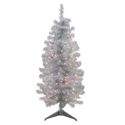 Northlight 4' x 22" Pre-Lit Slim Silver Artificial Tinsel Christmas Tree - Clear Lights