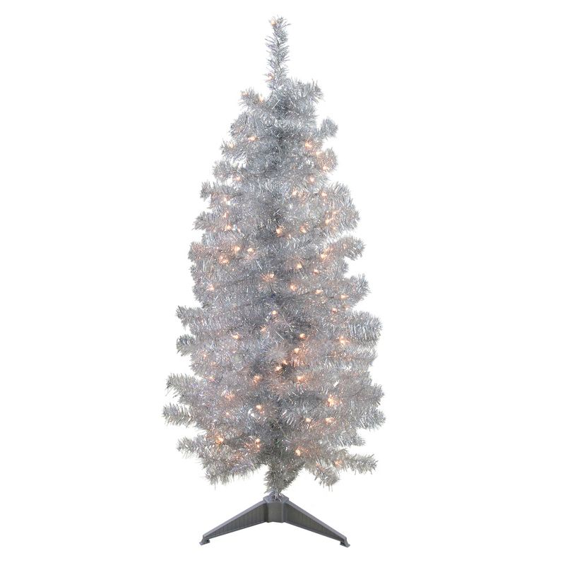 Northlight 4' Pre-Lit Slim Silver Artificial Tinsel Christmas Tree - Clear Lights, 1 of 5