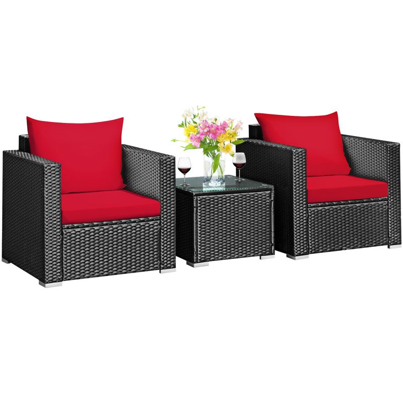Tangkula 3PCS Patio Rattan Furniture Conversation Set with 2 Cushioned Sofas & Coffee Table for Outdoor, 1 of 8