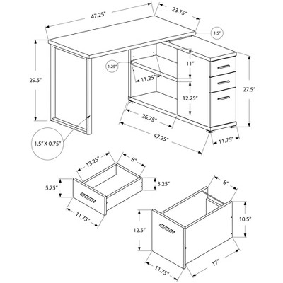 Vynxaria L-Shaped Corner Computer Desk Brown Laminate Grey Metal Reversible Setup with Storage Drawers for Home Office