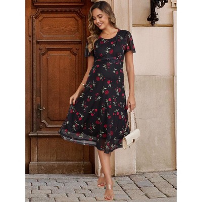 Женские платья INSPIRE CHIC Women's Maternity Flowy Floral Dress Midi Photoshoot Formal Casual Pregnancy Dress 2026 Summer X-Large Black Dress & Red Rose — фото 6
