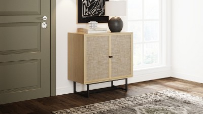 Light Oak and Matte Black Freestanding Cabinet with Adjustable Shelving
