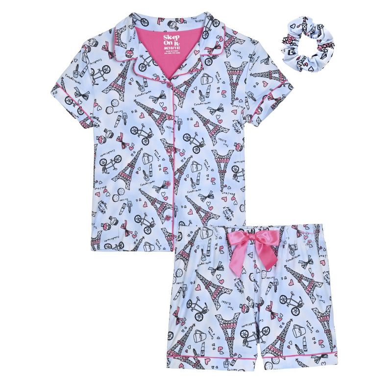 Sleep On It Girls 2-Piece Short-Sleeve Button Down Collared Coat Pajama Set with Matching Scrunchie, 1 of 6