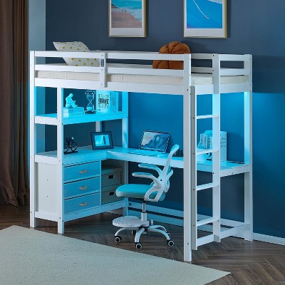 VINGLI Twin Loft Bed with L-Shaped Desk and 3 Storage Drawers, Solid Wood Single Bunk Gamer Bed with LED Light Underneath,2 Charging Stations, White