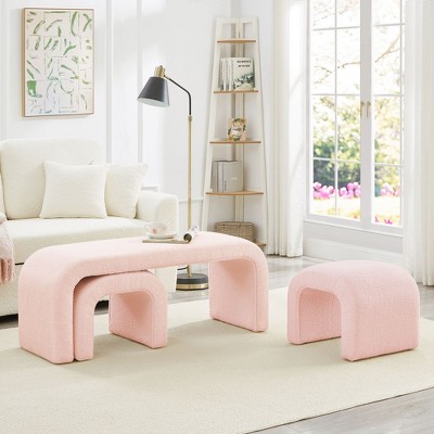 Grungis 44 Inch Teddy Storage BenchesSet of 3,Upholstered Storage Ottoman with 2 16.5 Inch Stools,Storage Ottoman Bench for Living Room,Bedroom