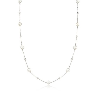 Ross-Simons 6-7mm Cultured Pearl and .30 ct. t.w. Diamond Station Necklace in 14kt White Gold