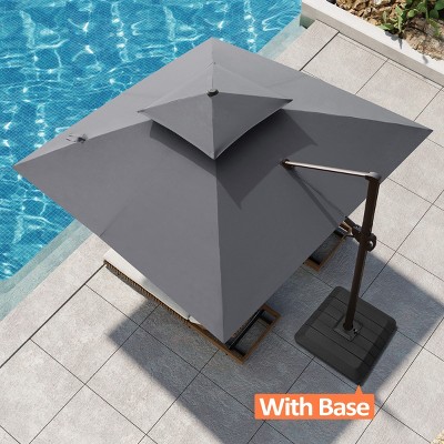 Pellebant 10.5FT Square Double Top Cantilever Umbrella Set Outdoor 360° Rotation 6 Heights Adjustable Offset Umbrella with Base