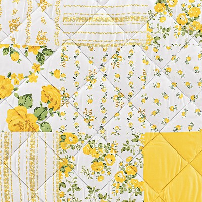 Full White and Yellow Floral Patchwork Quilted Bedspread Set