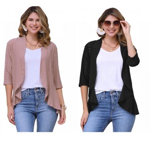 INSPIRE CHIC Women's 3/4 Sleeve Dressy Neck Ruffle Open Front Casual Eyelet Cardigans 2 Packs - 1 of 4