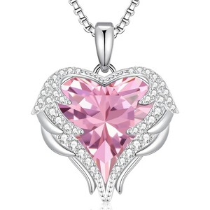 Angel Wings & Heart Necklace with Birthstone, Silver/Gold Tone Jewelry Gift for Women White-10-Oct. Opal Pink Birthstone - 1 of 4