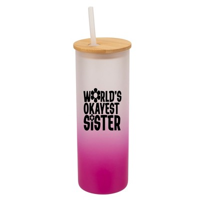 Elanze Designs World's Okayest Sister Love Family Wrap-Around Design 25 Ounce Frosted Gradient Glass On-The-Go Coffee Travel Skinny Tumbler Mug Cup,