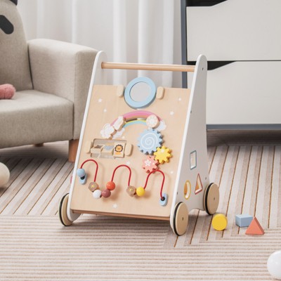 Infans Wooden Baby Walker Baby Activity Center with Mirror Shape Sorter for 1+ Year Old