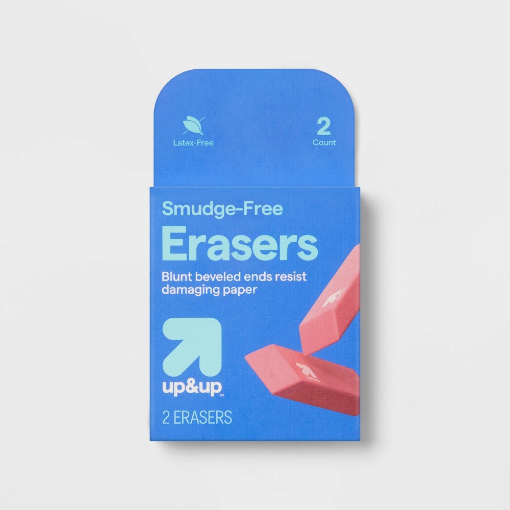 Smudge Free Erasers 2ct - up&up™: Multicolor Hard Rubber, Block Erasers for Pencils, Right- or Left-Handed Design
