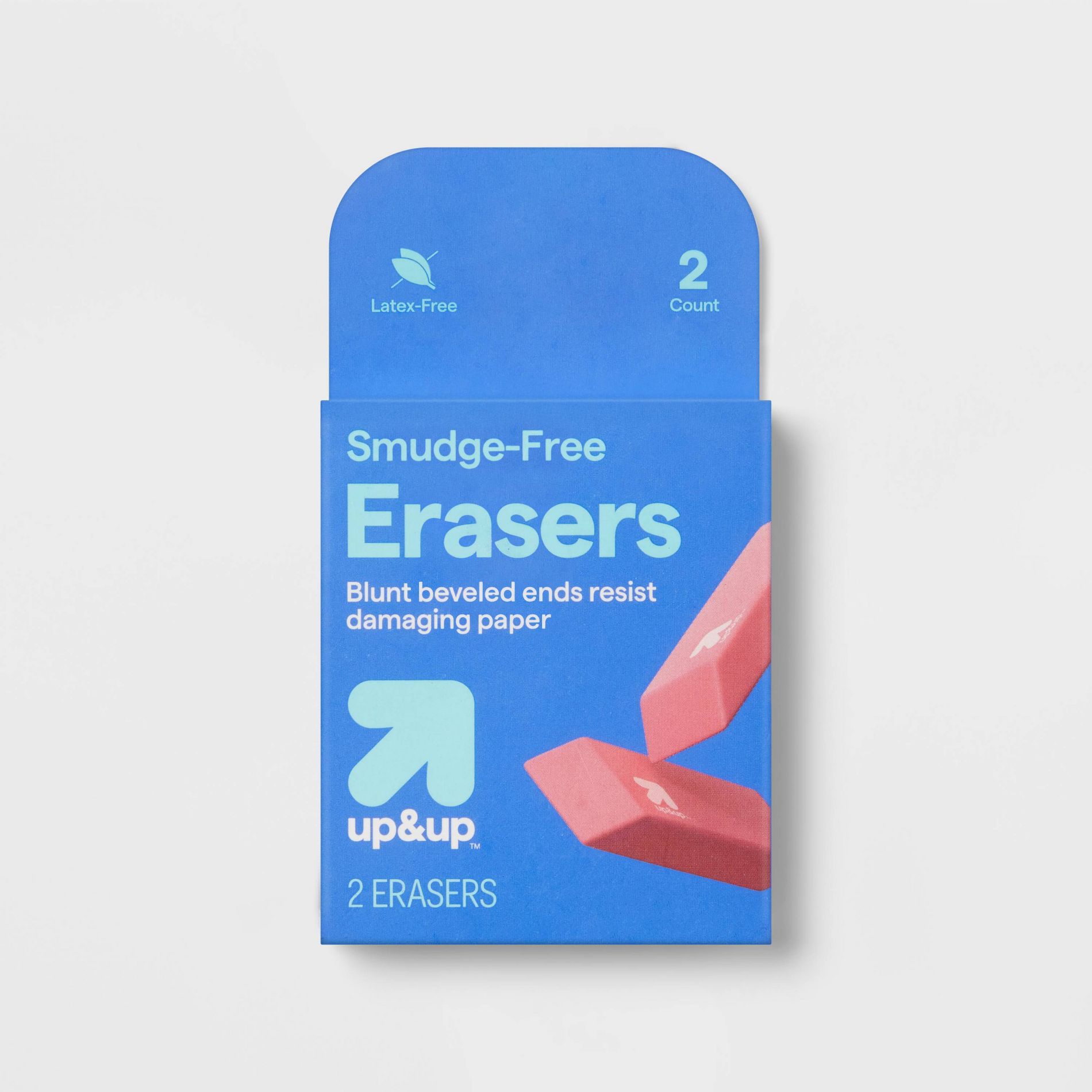 Smudge Free Erasers 2ct - up&up™: Multicolor Hard Rubber, Block Erasers for Pencils, Right- or Left-Handed Design