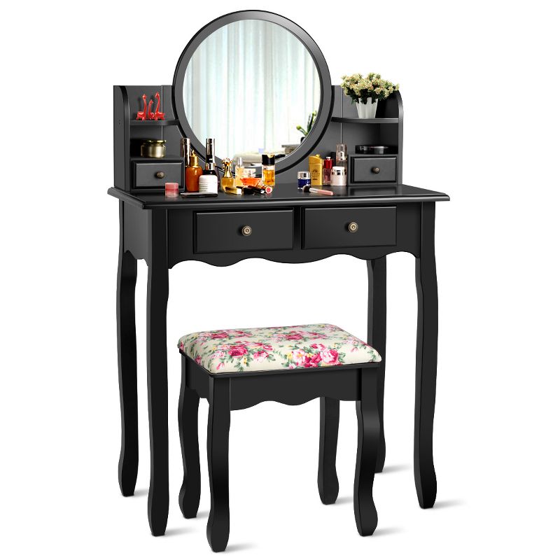 Tangkula Vanity Table Set w/Detachable Mirror & Stool Black/White, 2 of 11