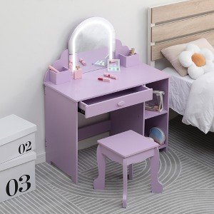 COZONY Kids Vanity with Mirror & Stool, Adjustable Brightness, Storage Drawer & Shelves, for Girls Ages 3–9 - 1 of 4