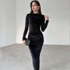 Women's Dress Elegant Velvet Midi Dress Long Sleeve Ruched Bodycon Evening Gown - 2 of 3