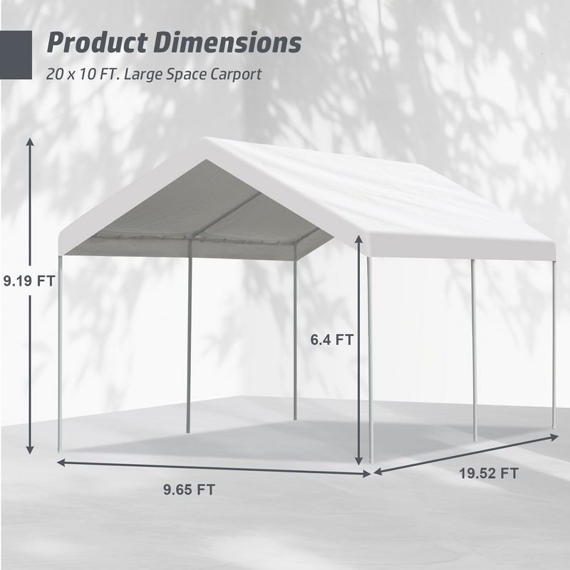 Aoodor 20 x 10 FT. Portable Vehicle Carport Party Canopy Tent Boat Shelter Cover, Heavy Duty Metal Frame, 4 of 8