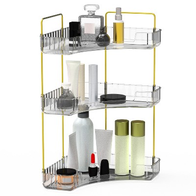 NewHome "3-Tier Corner Bathroom & Vanity Organizer Shelf for Makeup, Perfume, Cosmetics, Clear Storage Tray" White